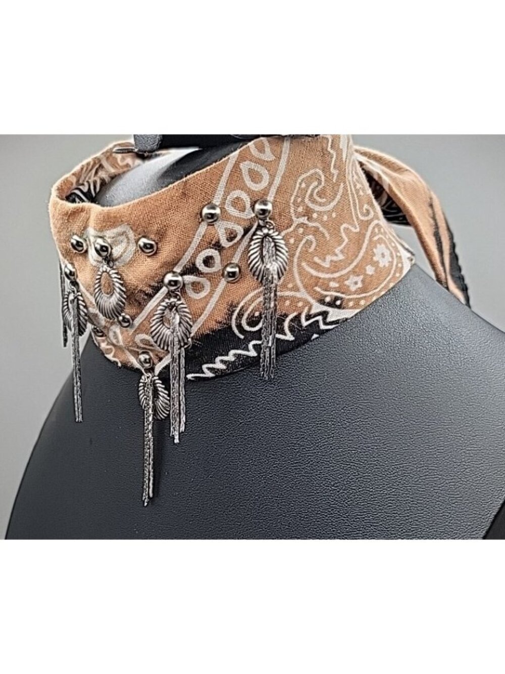 Dannijo Bandana Necklace Black Brown Print Silver Studs Fringe Boho Festival - Picture 4 of 13